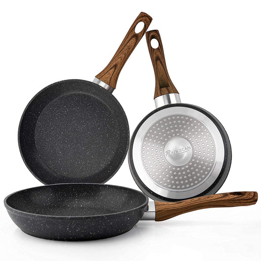 Frying Pan Set 3-Piece Nonstick Saucepan Woks Cookware Set,Heat-Resistant Ergonomic Wood Effect Bakelite Handle Design,PFOA Free 7/8/9.5 inch Amazon Platform Banned